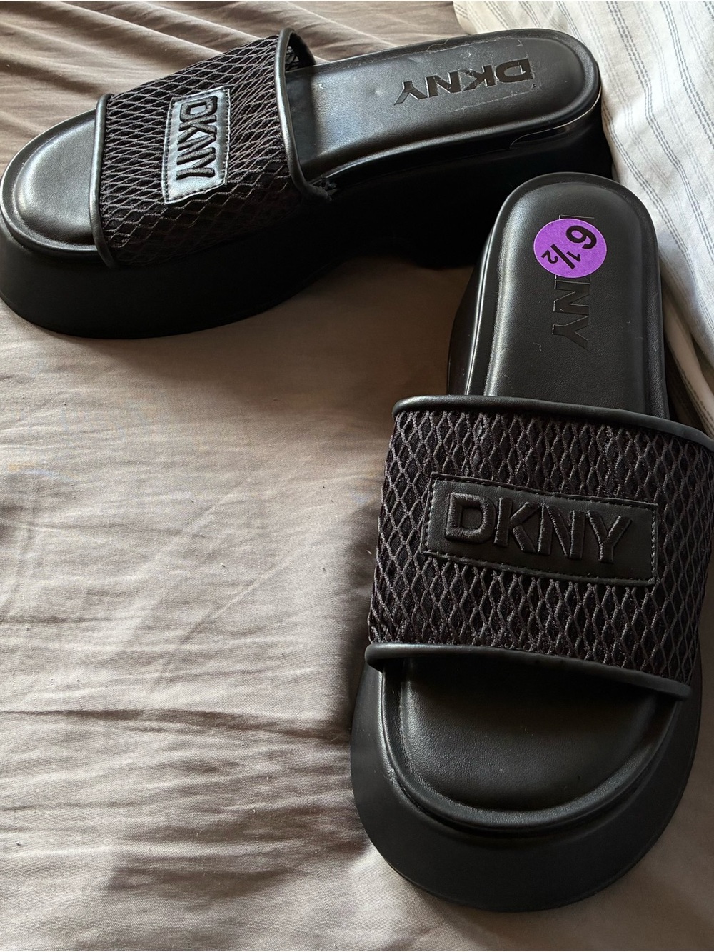 DKNYC Black Wedge Slide Sandals